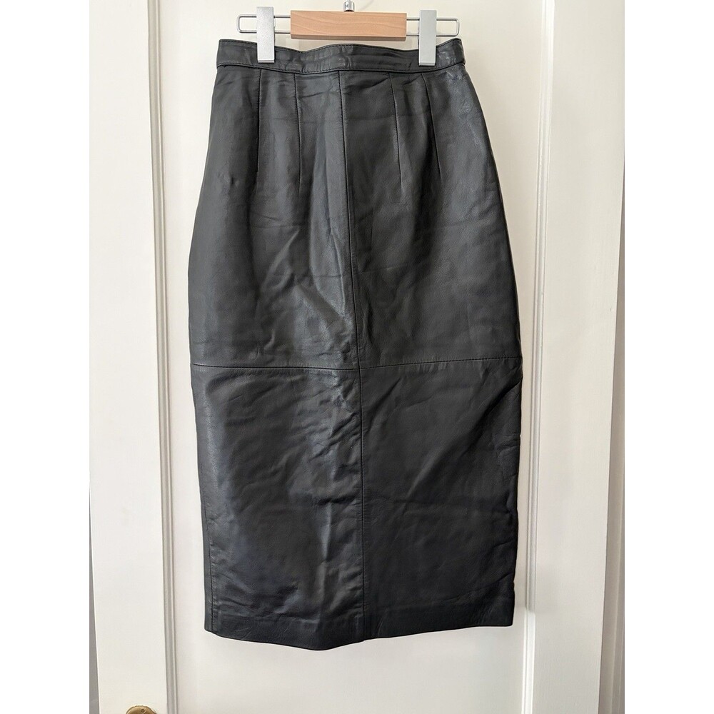 Vintage 90s Black Nappa Leather Midi Skirt High Waist Korean Minimalist XS 0P 2P